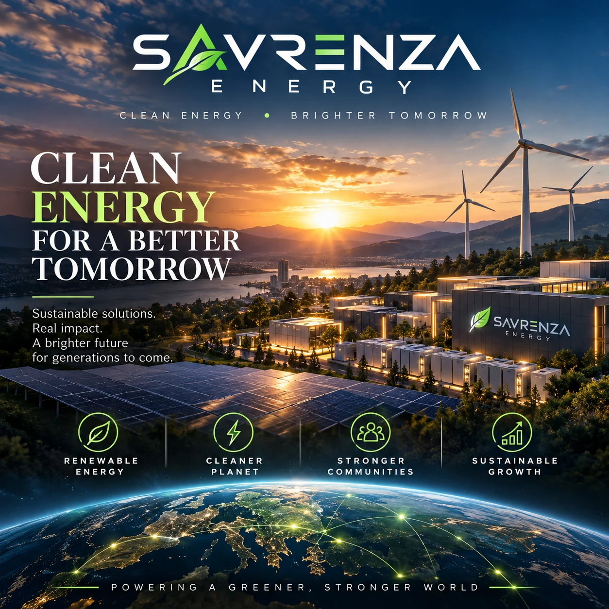 Concept illustration for SAVRENZA ENERGY featuring wind turbines, solar panels and clean energy ideas.