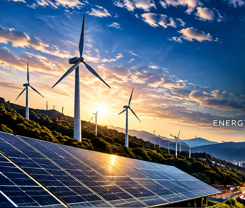 Illustration of renewable energy infrastructure including solar panels and wind turbines